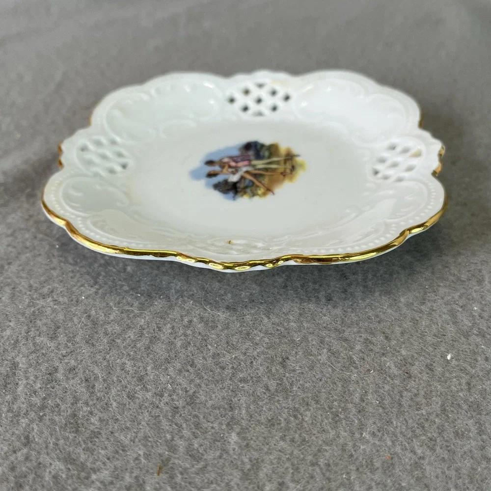 Vintage Reticulated Porcelain Trinket Dish Ballerina Couple Gold Gilt RD Mark